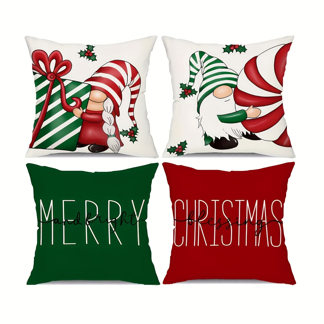 Set of four pillow covers with red and green text designs and gnome characters holding a gift and striped candy