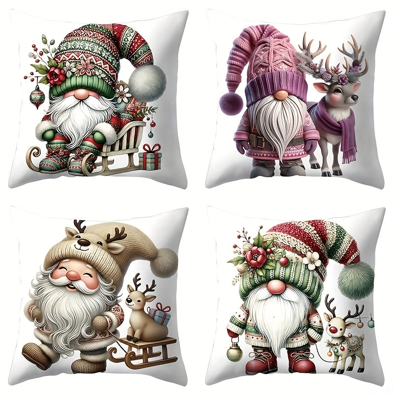 Set of four pillow covers with gnome and reindeer designs including a sledding gnome and standing figures with reindeer