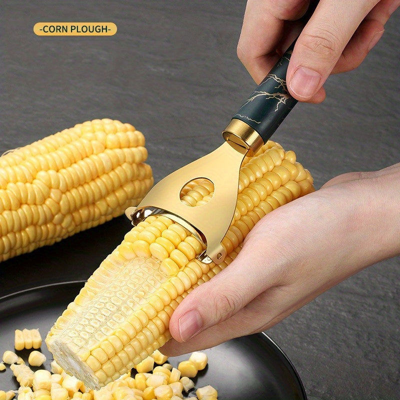 Heavy-duty stainless steel corn cutter tool with a thickened handle and hook for efficient kitchen décor – Coastal Pillows Plus.