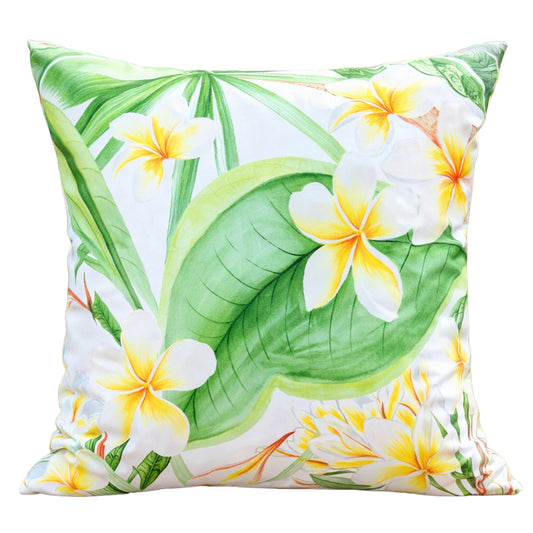 White and yellow plumeria floral pattern on a waterproof outdoor pillow cover - Coastal Pillows Plus