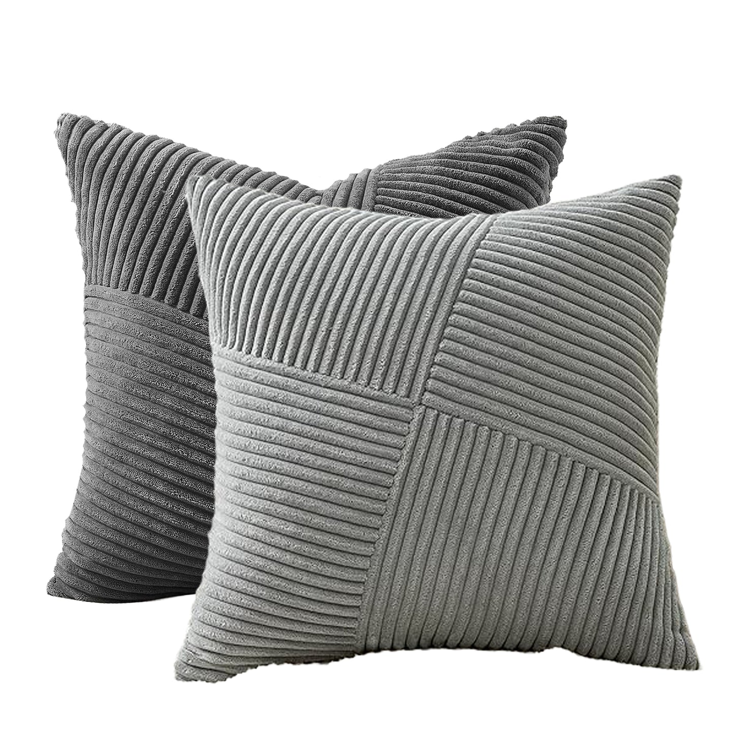Soft 18x18 inch corduroy pillow cover with light and dark gray windmill striped splicing, styled on a sofa for bohemian décor – Coastal Pillows Plus.