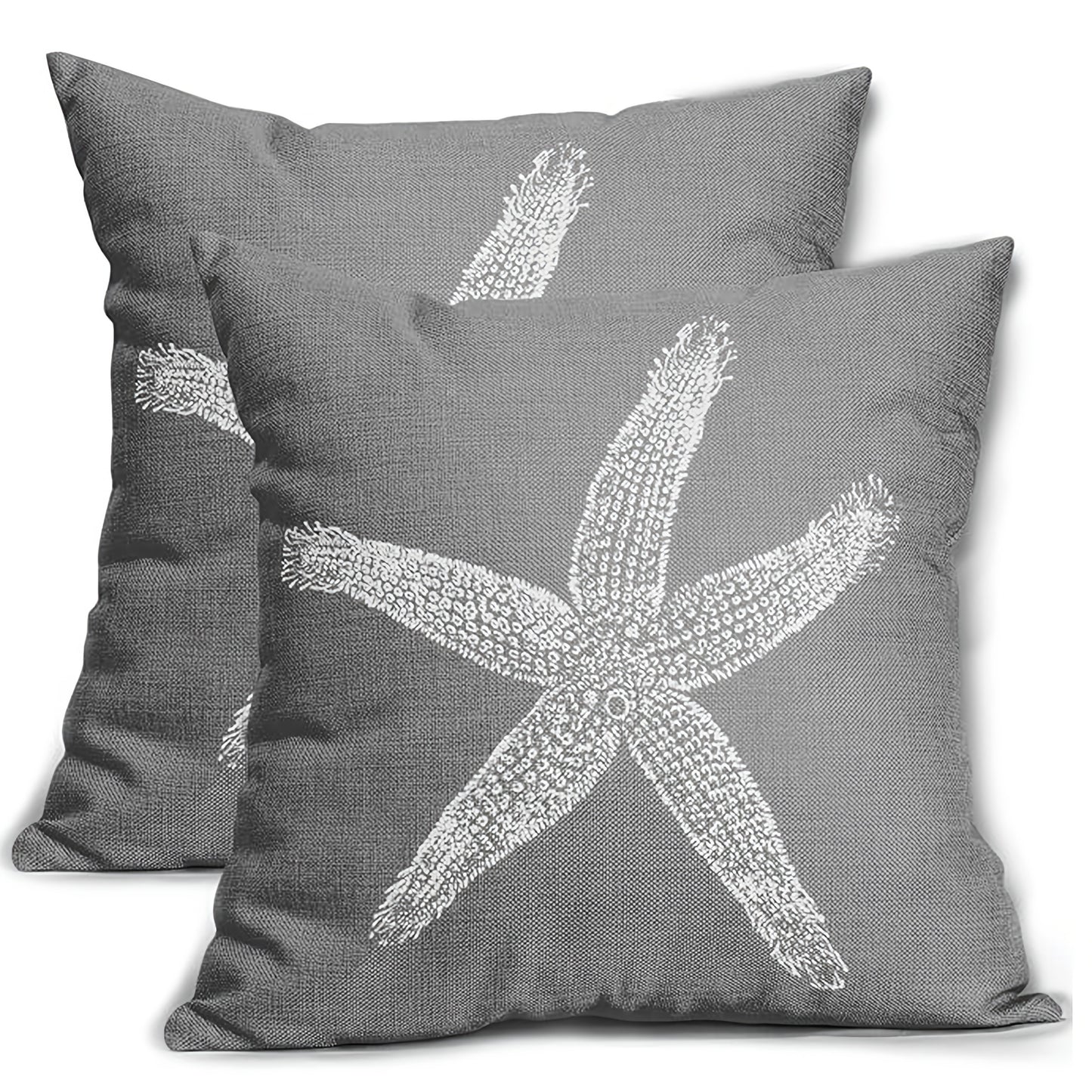 Contemporary gray pillow cover with a white starfish pattern for coastal and nautical home décor - 16x16 & 18x18.