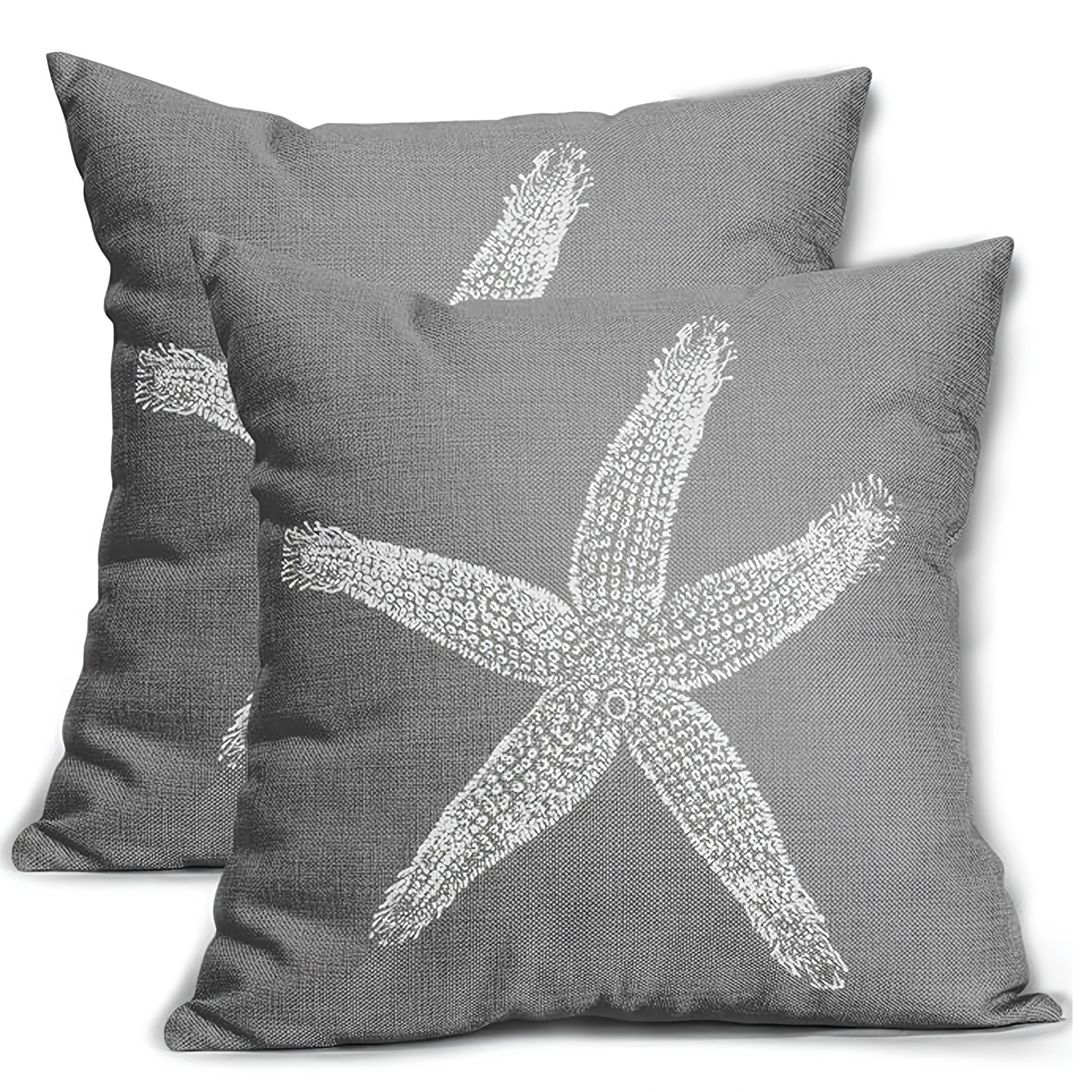 Contemporary gray pillow cover with a white starfish pattern for coastal and nautical home décor - 16x16 & 18x18.