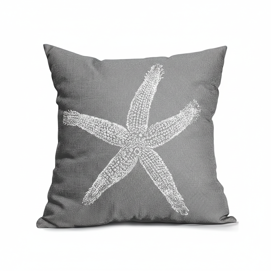 Contemporary gray pillow cover with a white starfish pattern for coastal and nautical home décor - 16x16 & 18x18.