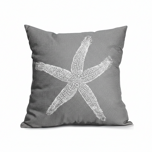Contemporary gray pillow cover with a white starfish pattern for coastal and nautical home décor - 16x16 & 18x18.