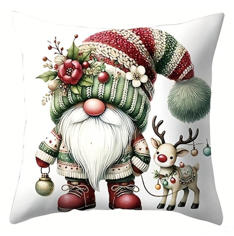 Pillow cover with a gnome wearing a green patterned hat standing beside a reindeer