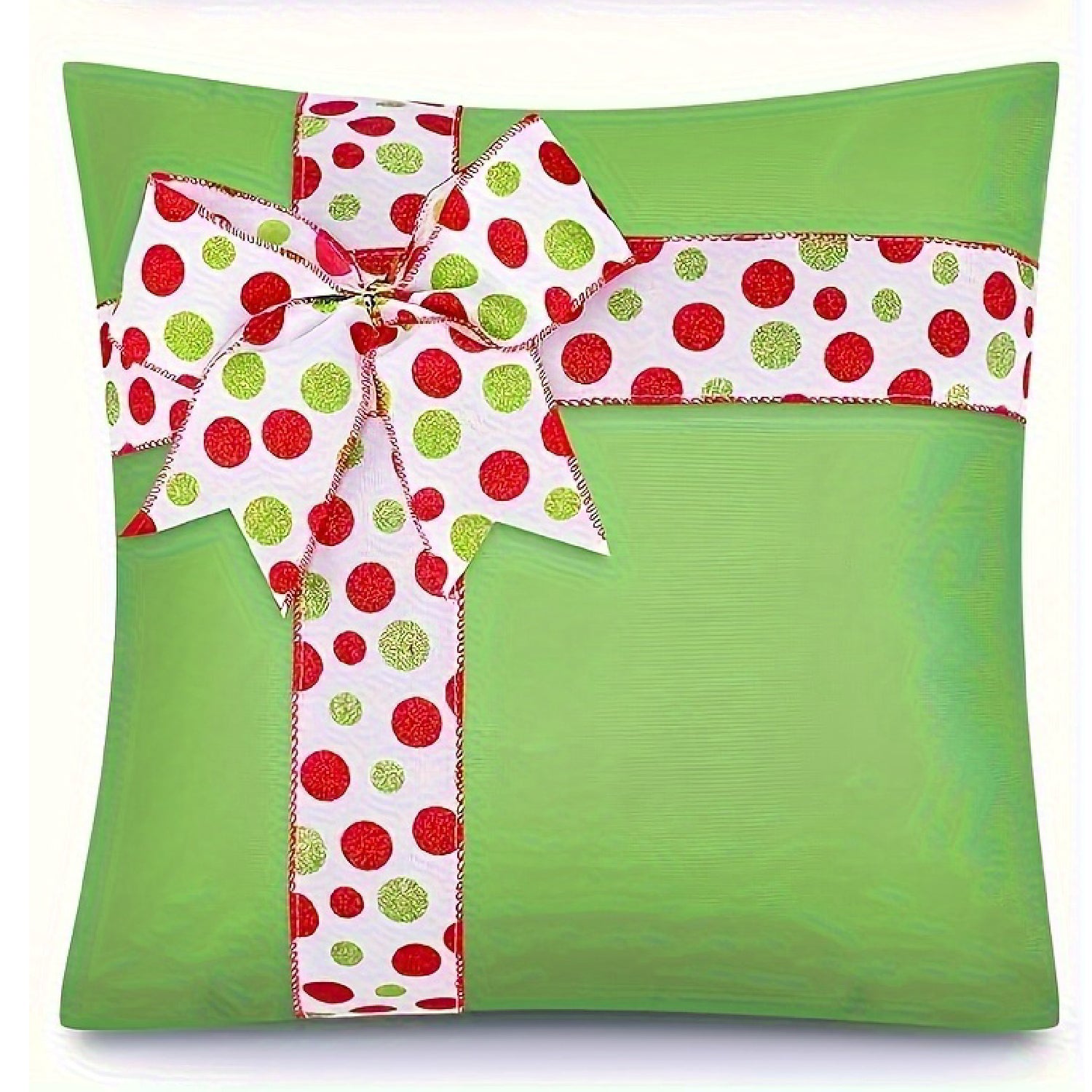 Green pillow cover with a ribbon bow and red and green dot pattern accents