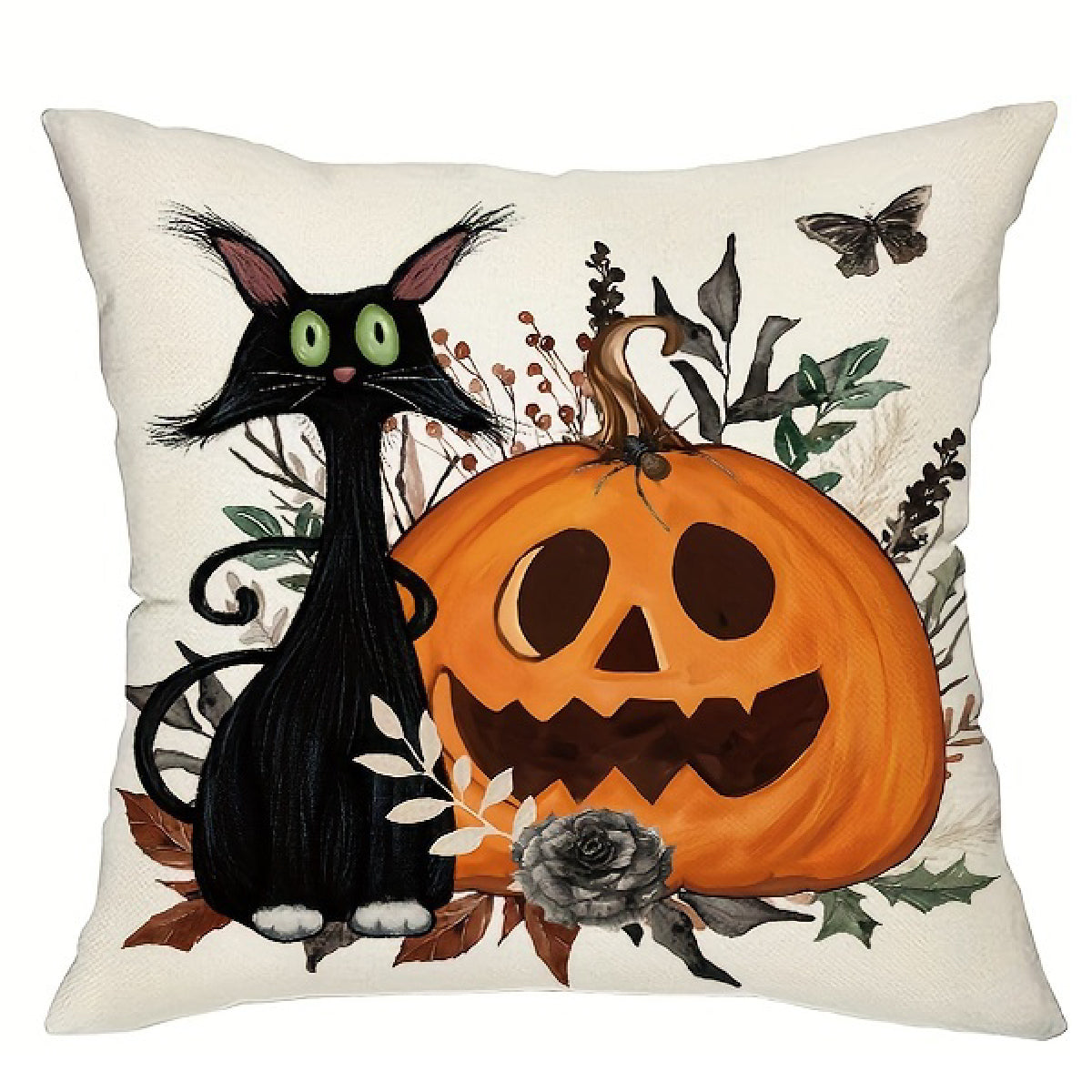 Halloween pillow cover featuring a black cat with green eyes sitting beside a carved pumpkin, surrounded by autumn leaves and foliage on a light neutral background.