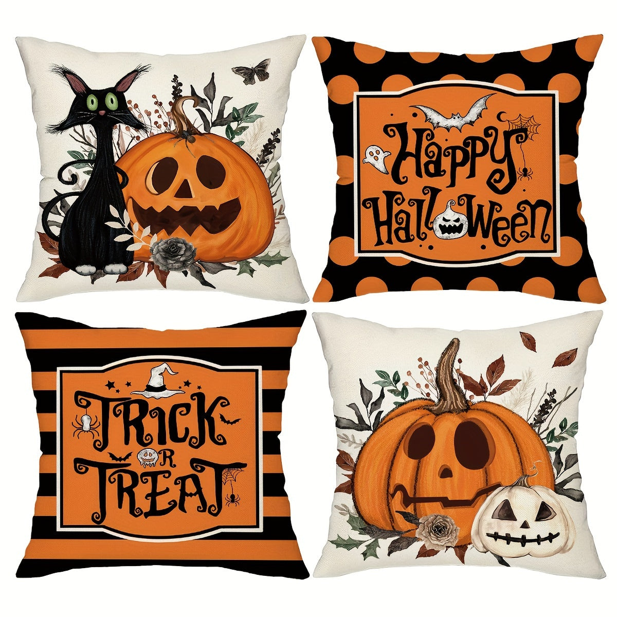 Four Halloween pillow covers displayed together, featuring a black cat with pumpkin, “Happy Halloween” polka dot design, striped “Trick or Treat” design, and harvest pumpkin composition in orange and black tones.