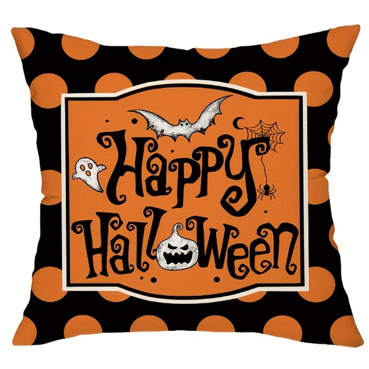 Halloween pillow cover with “Happy Halloween” text framed by a bordered panel on an orange background with black polka dots, including small bat and ghost details.