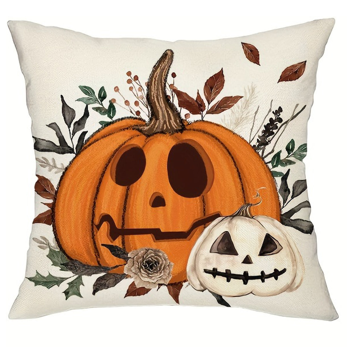 Halloween pillow cover displaying a carved pumpkin and a smaller white pumpkin arranged with autumn leaves and greenery on a light neutral background.