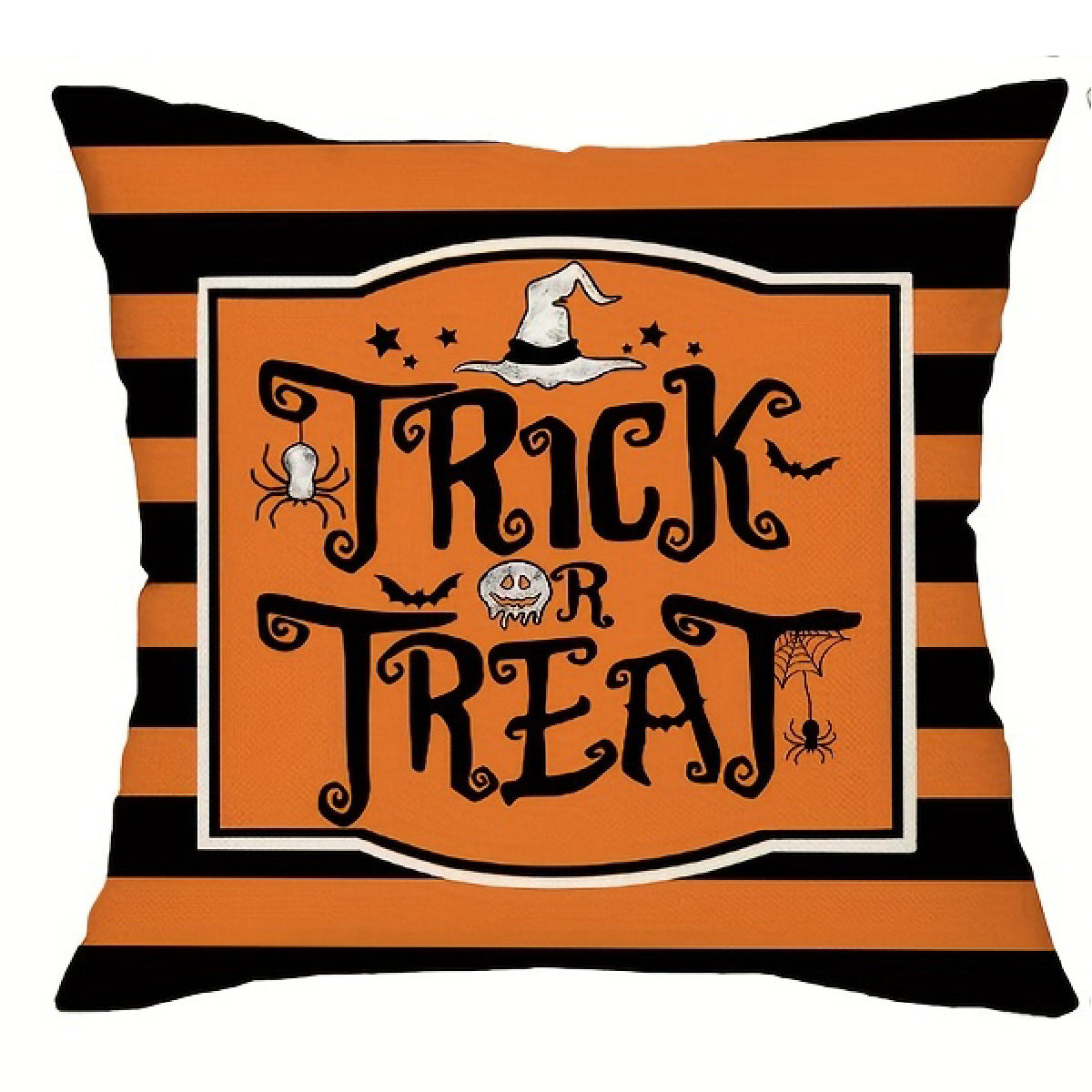 Halloween pillow cover featuring “Trick or Treat” text centered within a bordered panel, set against horizontal black and orange stripes with small seasonal accents.