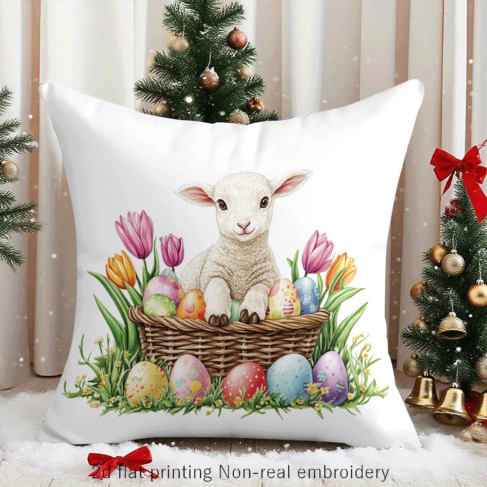 Illustrative 18x18 inch pillow cover with watercolor-style Easter lambs, bunnies, chicks, tulips, or colorful eggs in woven baskets, styled on a sofa for holiday décor – Coastal Pillows Plus