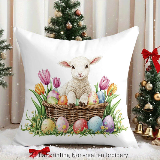 Illustrative 18x18 inch pillow cover with watercolor-style Easter lambs, bunnies, chicks, tulips, or colorful eggs in woven baskets, styled on a sofa for holiday décor – Coastal Pillows Plus