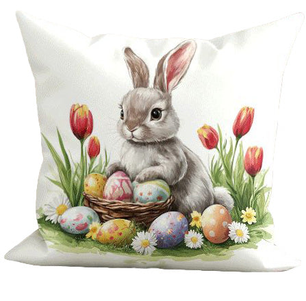 Illustrative 18x18 inch pillow cover with watercolor-style Easter lambs, bunnies, chicks, tulips, or colorful eggs in woven baskets, styled on a sofa for holiday décor – Coastal Pillows Plus