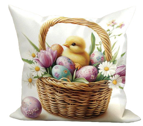 Illustrative 18x18 inch pillow cover with watercolor-style Easter lambs, bunnies, chicks, tulips, or colorful eggs in woven baskets, styled on a sofa for holiday décor – Coastal Pillows Plus