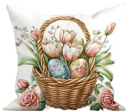 Illustrative 18x18 inch pillow cover with watercolor-style Easter lambs, bunnies, chicks, tulips, or colorful eggs in woven baskets, styled on a sofa for holiday décor – Coastal Pillows Plus