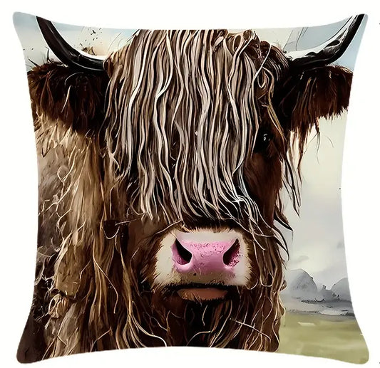 Square pillow cover featuring a close-up Highland cow portrait with long hair and natural landscape background.