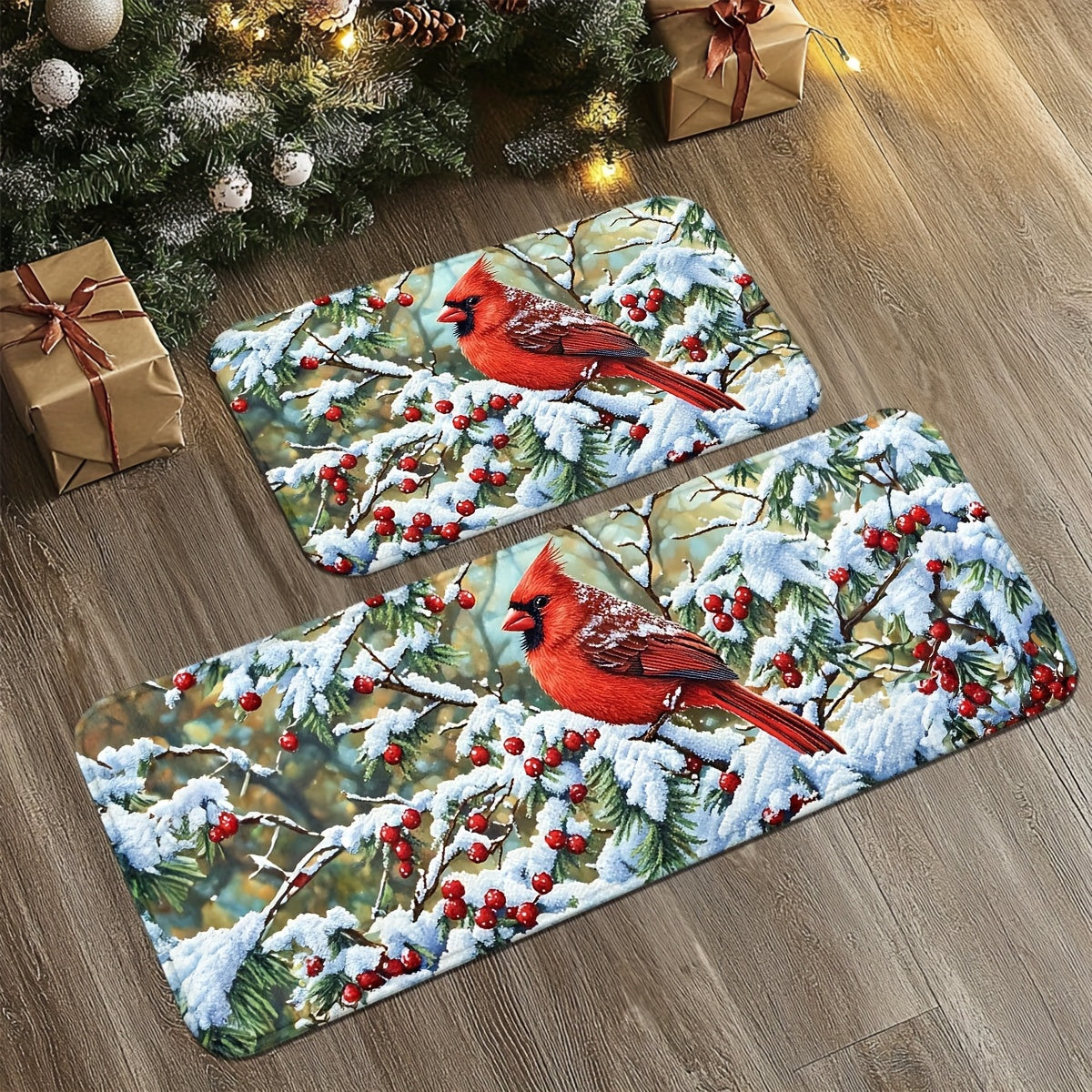 Holiday mat or runner featuring red cardinals perched among pine branches with holly berries on a winter-inspired background.