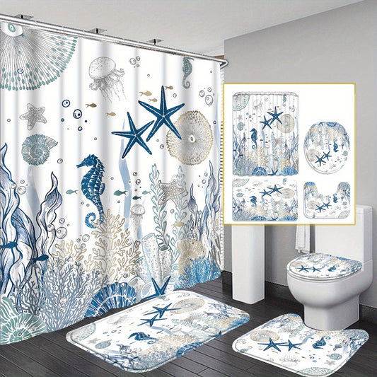 A naturally toned 4-piece blue and white marine life bath set featuring premium fabrics and a 70.8" x 70.8" curtain for elegant coastal décor - Coastal Pillows Plus