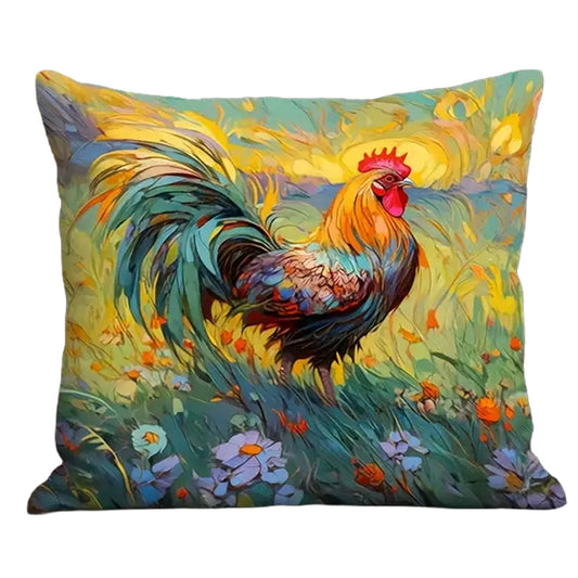 Square linen pillow cover featuring an impressionist-style rooster standing in a colorful meadow with painterly brushstrokes.