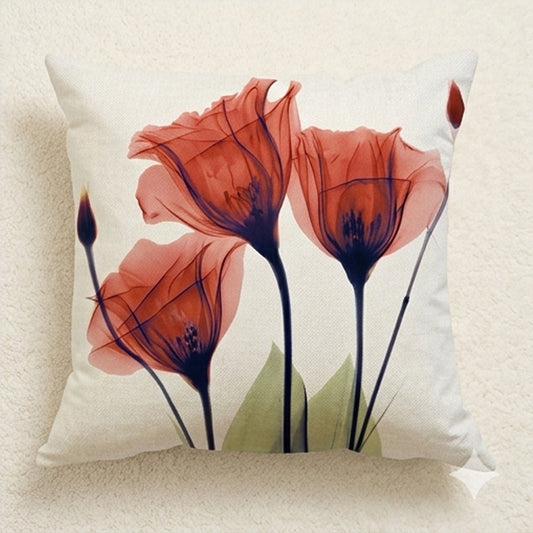 18x18 linen pillow cover featuring multiple coral-toned translucent flowers grouped closely together on a light neutral background.