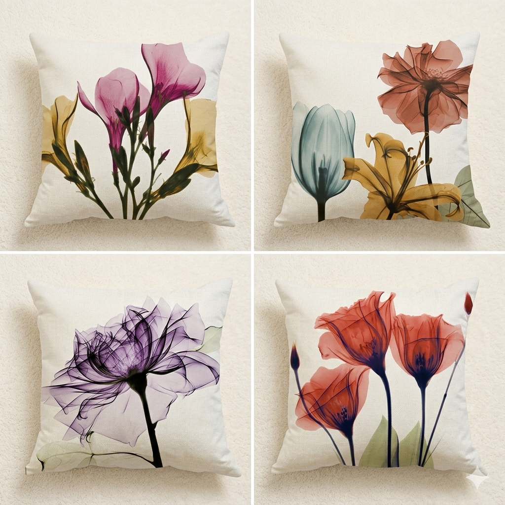 Set of four 18x18 linen pillow covers featuring ink-style floral artwork, including vertical stems, spaced blooms, a single bloom, and clustered blooms on a light neutral background.