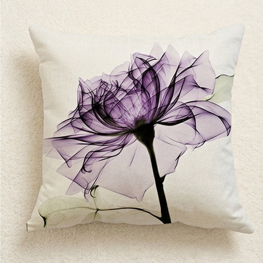 18x18 linen pillow cover featuring one large translucent purple flower centered on a light neutral background.