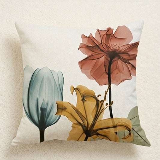 18x18 linen pillow cover featuring three translucent flowers spaced apart in blue, gold, and coral tones on a light neutral background.
