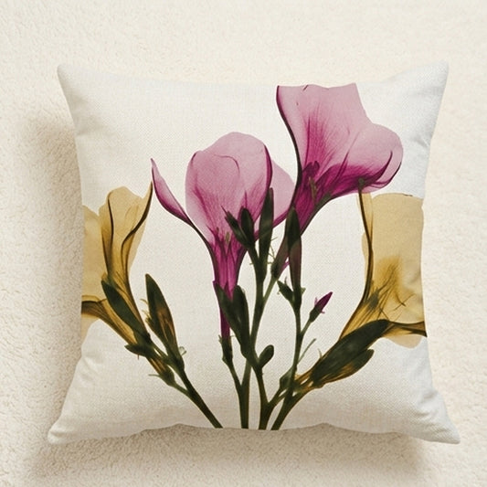 18x18 linen pillow cover featuring translucent pink and yellow flowers arranged in vertical stems on a light neutral background.