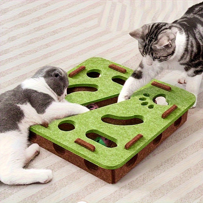 Engaging interactive felt cat puzzle toy with a maze tunnel and bell ball for playful pet décor – Coastal Pillows Plus.