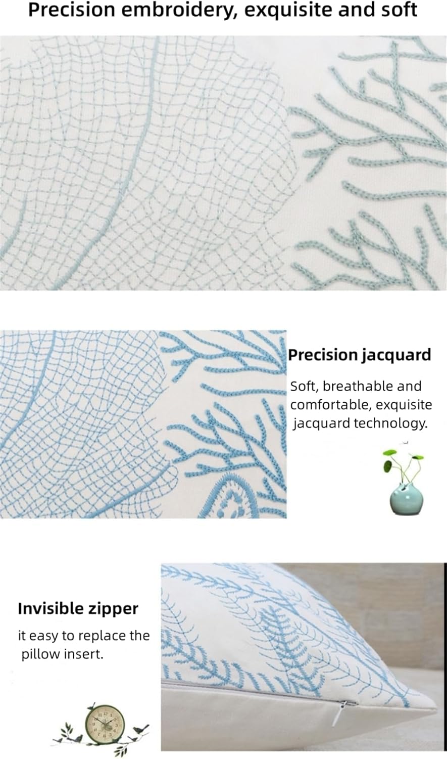 Embroidered Coastal Reef Pillow Cover – Blue and White, 18"x18"