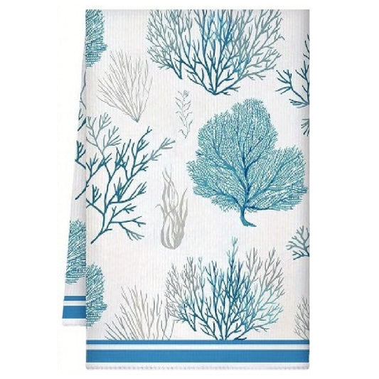 Tea towel with blue and green coral pattern on a white background