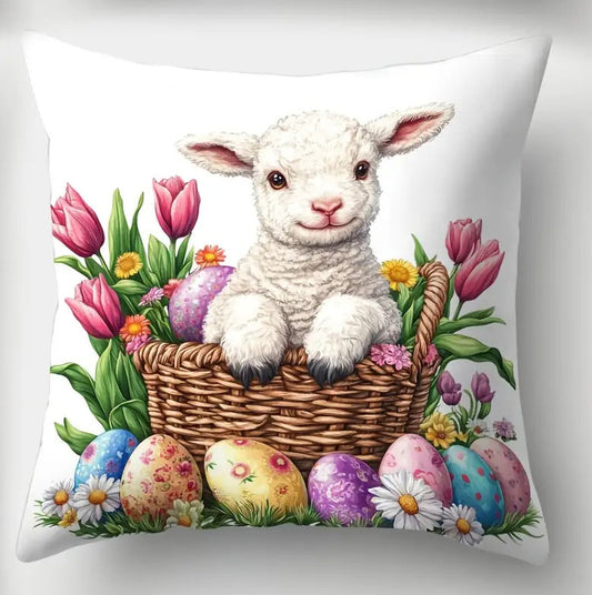 Enchanting 16x16 inch Easter pillow cover featuring watercolor bunny, chick, and lamb illustrations with spring florals for festive décor – Coastal Pillows Plus.