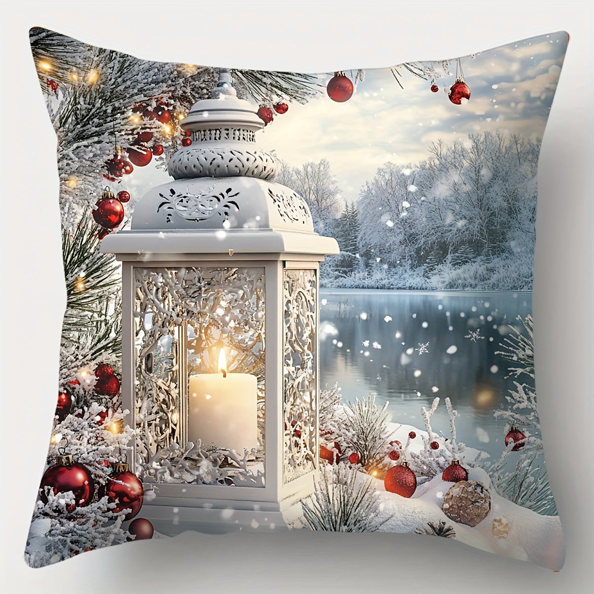 Pillow cover with a lit lantern beside a snowy lake with winter branches and ornaments