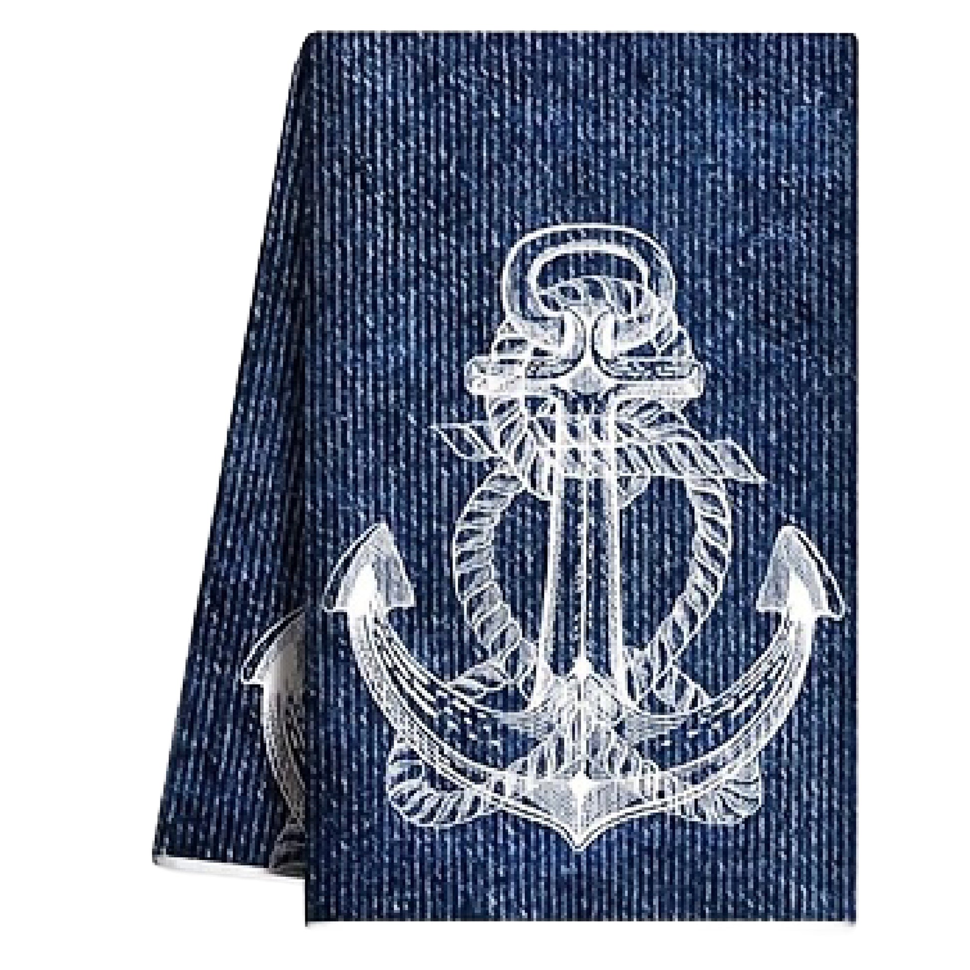 Navy blue textured hand towel featuring a large white detailed anchor and rope design - Coastal Pillows Plus
