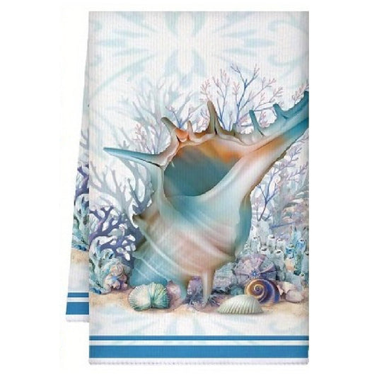 Towel with a large shell and underwater scene design on a white background