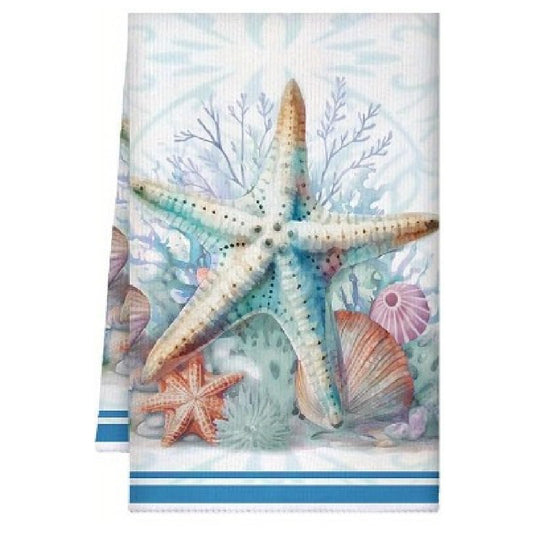 Towel with starfish and shell design on a white background