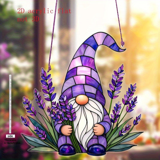 Acrylic stained glass style suncatcher with a gnome holding lavender flowers hanging in a window.