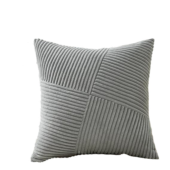 Soft 18x18 inch corduroy pillow cover with light and dark gray windmill striped splicing, styled on a sofa for bohemian décor – Coastal Pillows Plus.