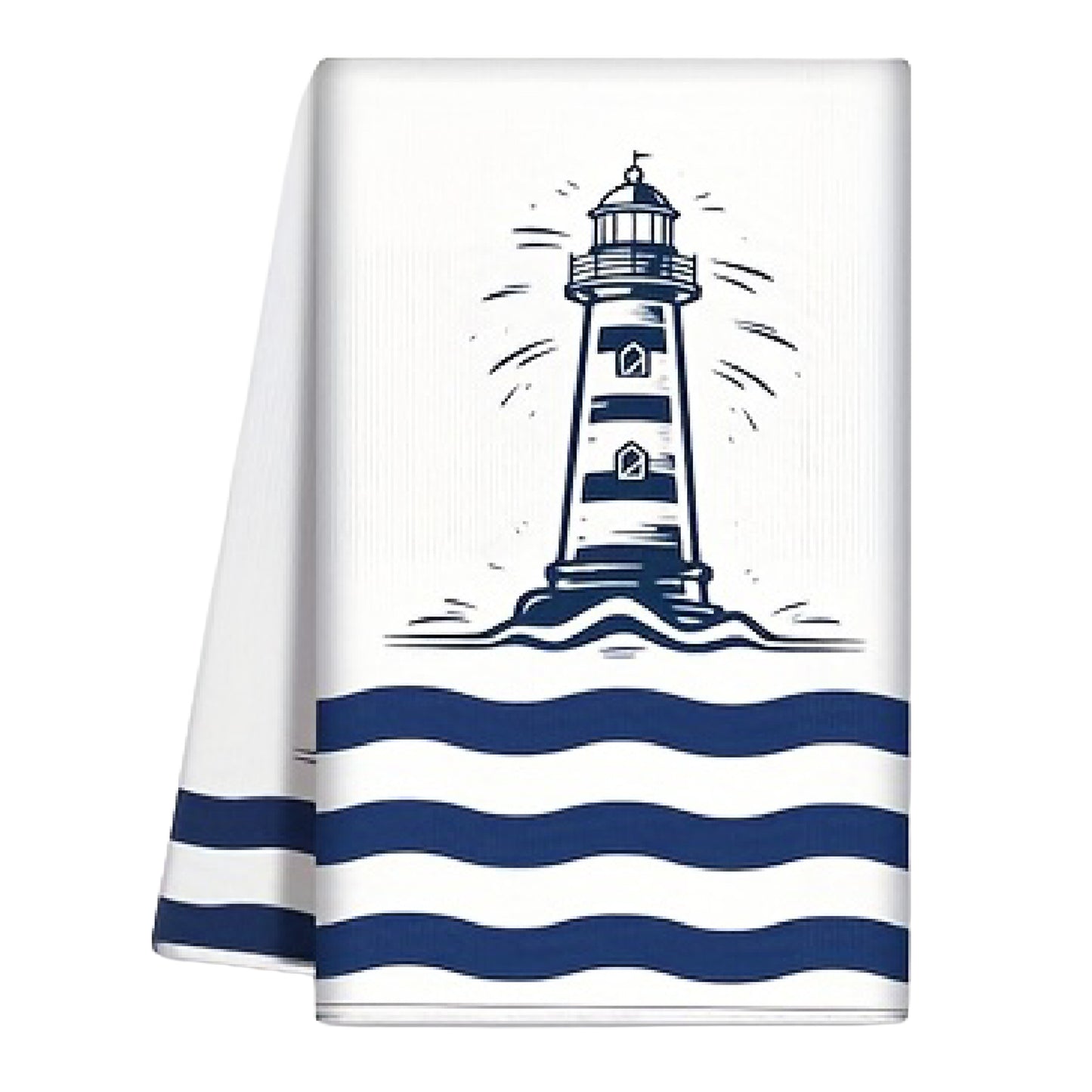 White hand towel featuring a navy blue lighthouse design and striped wave accents at the bottom - Coastal Pillows Plus