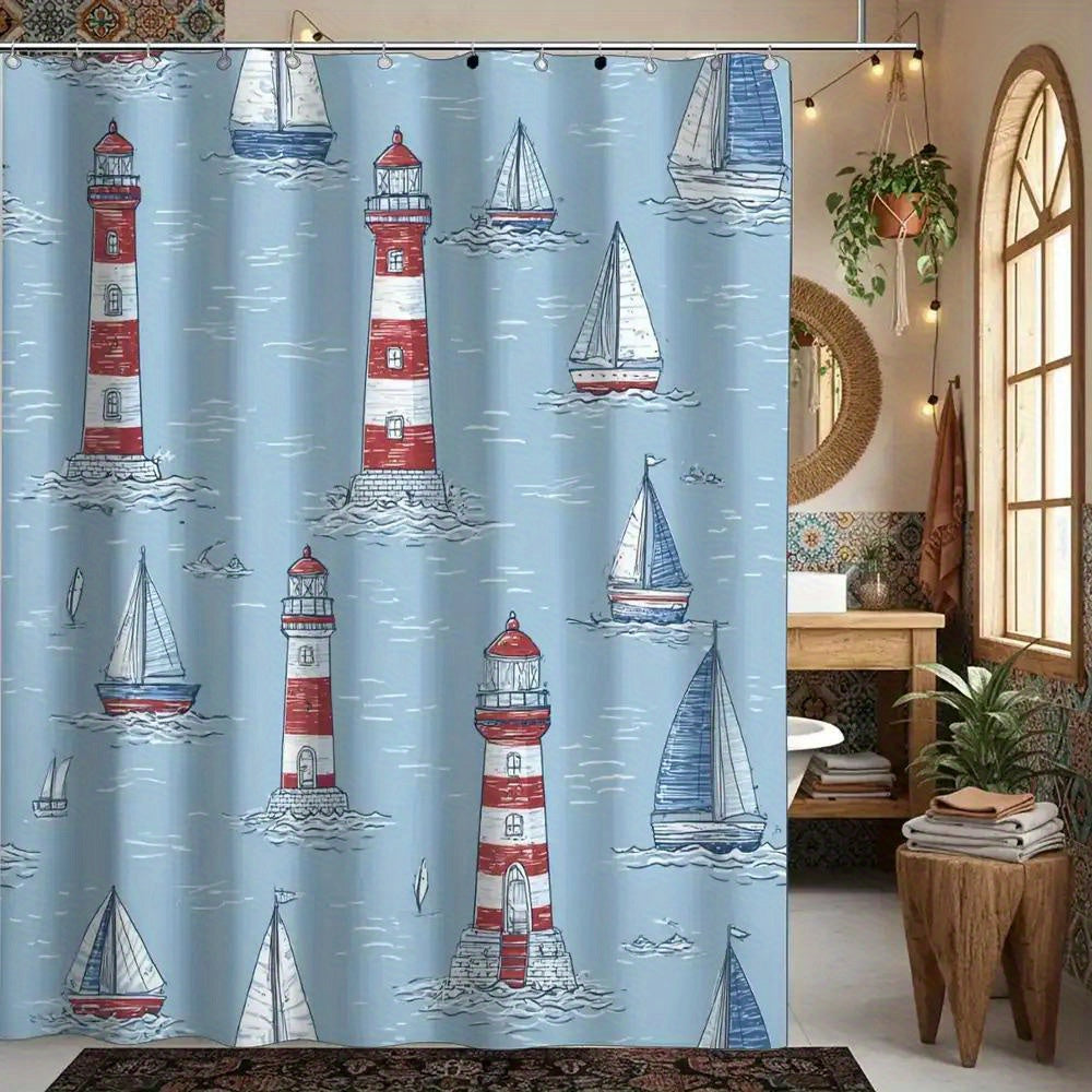 A richly colored nautical shower curtain featuring a lighthouse and sailboat design, measuring 70.87" x 70.87" to enhance coastal bathroom décor - Coastal Pillows Plus