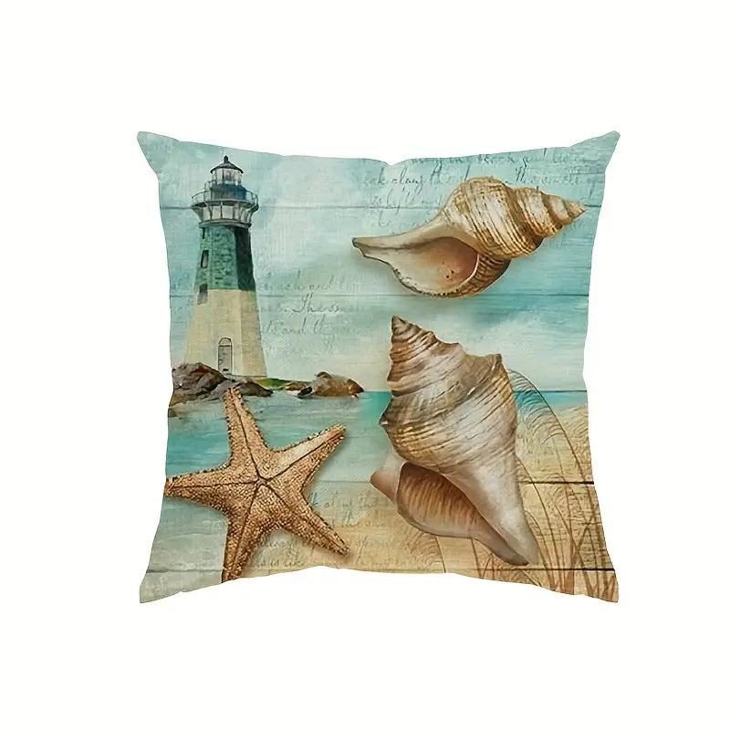 Square pillow cover featuring a lighthouse, large seashells, and a starfish set against a soft coastal background in blue and sandy tones.