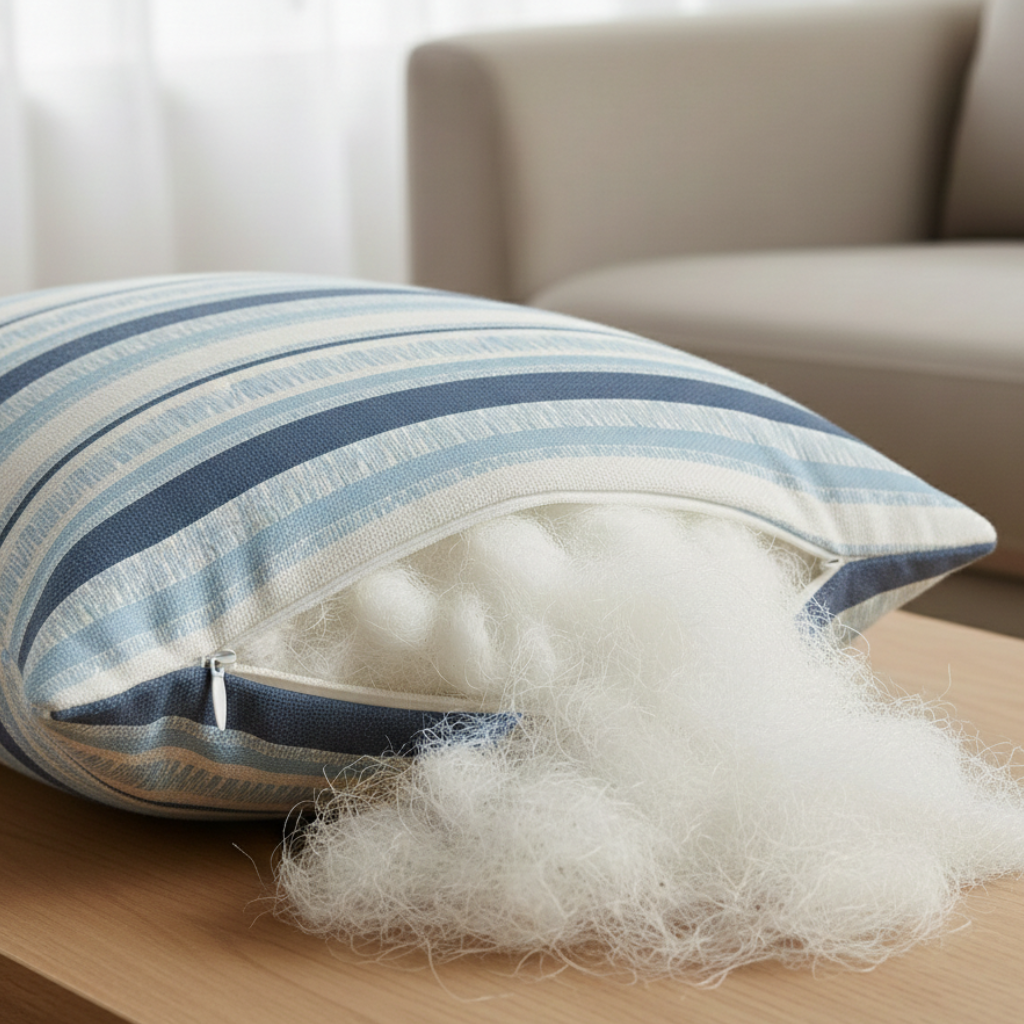 Premium white polyester fiberfill spilling from a coastal pillow cover on a wood table - Coastal Pillows Plus