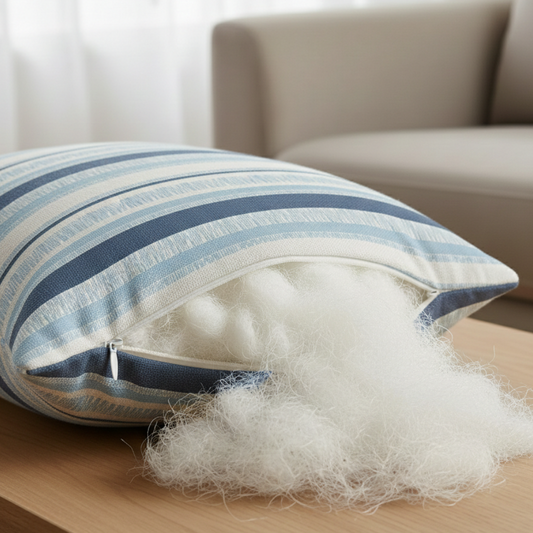Premium white polyester fiberfill spilling from a coastal pillow cover on a wood table - Coastal Pillows Plus