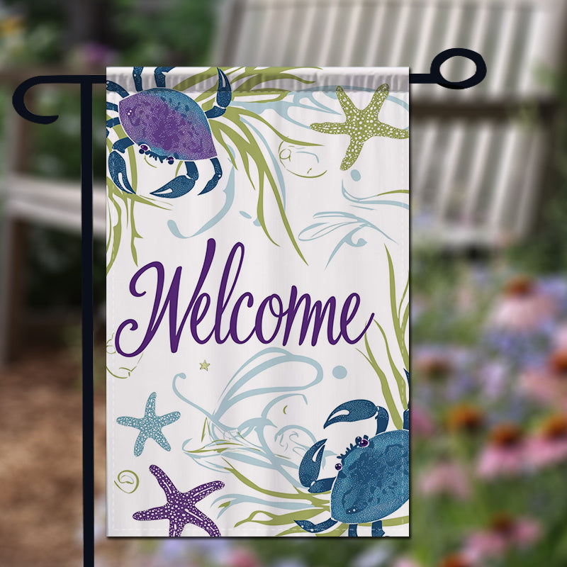 Atmospheric Marine Life "Welcome" Double-Sided Garden Banner - 12x18 Nautical Summer Decor - Coastal Pillows Plus