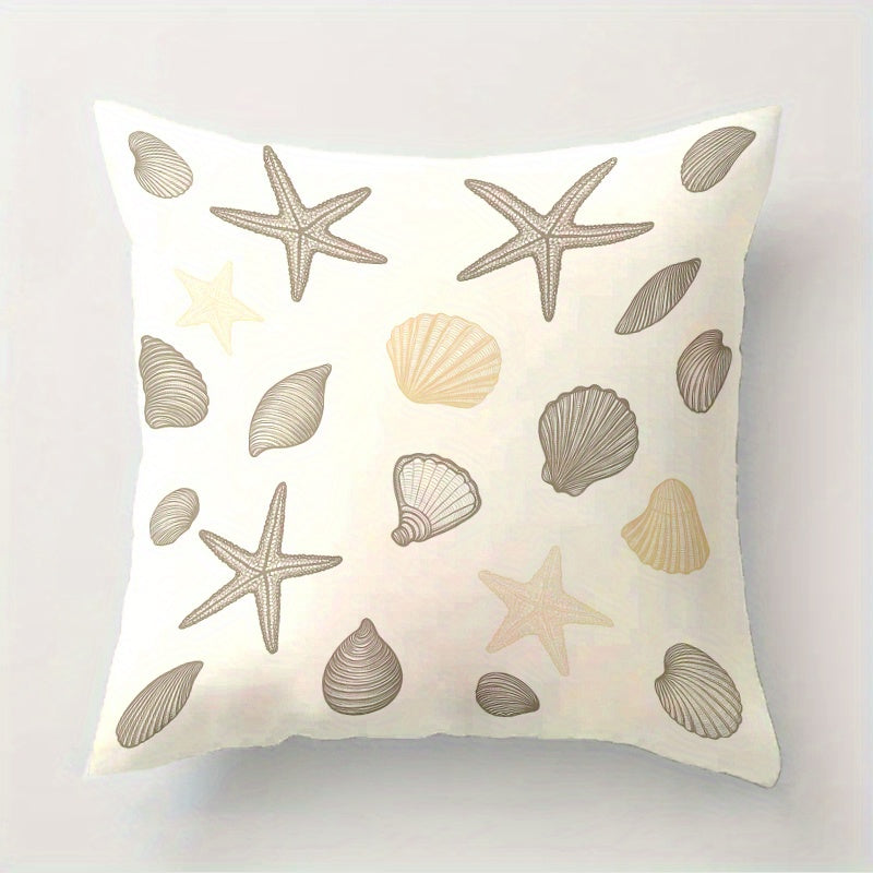Decorative pillow with starfish and shell patterns on a light background