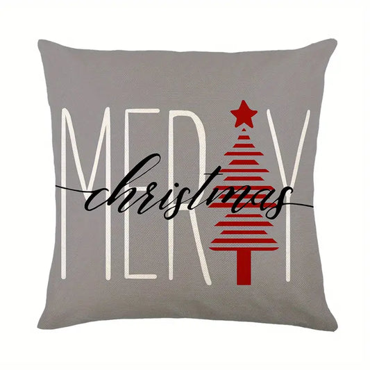Festive 18x18 inch gray pillow cover with "Merry Christmas" text over a red Christmas tree graphic for holiday decor – Coastal Pillows Plus
