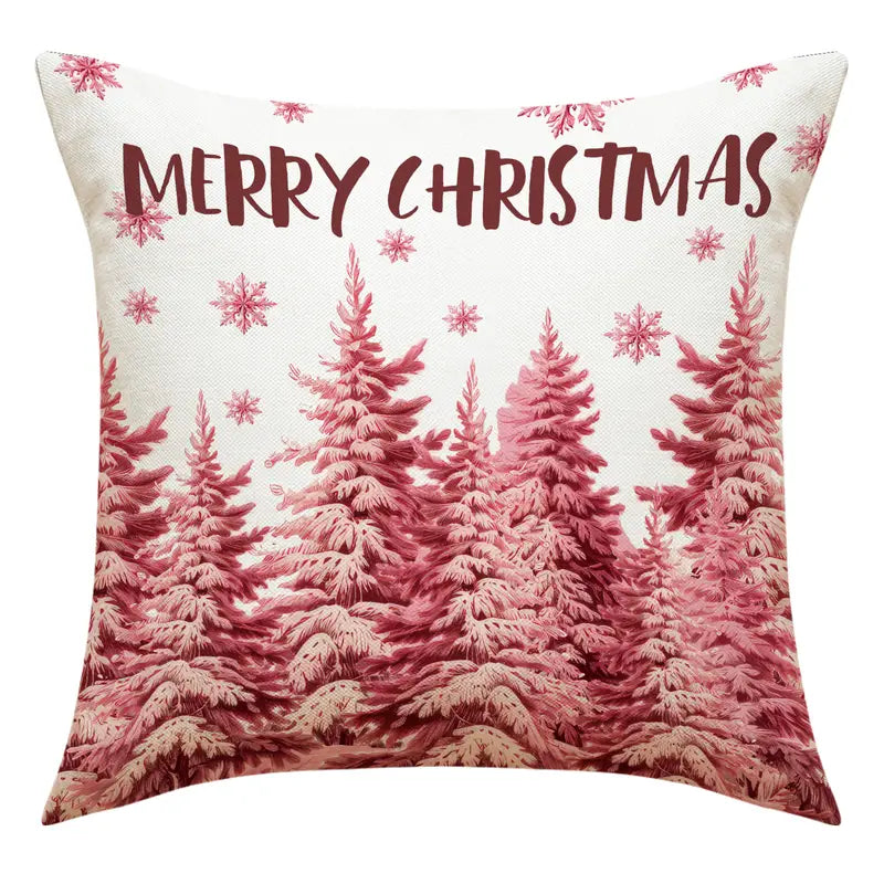 Pink Christmas trees pillow cover with Merry Christmas text and snowflakes in a monochromatic pink holiday design