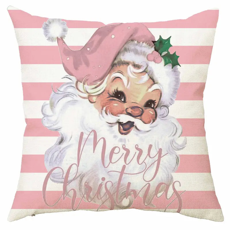 Pink stripe Christmas pillow cover with Santa face and Merry Christmas text in a vintage holiday illustration